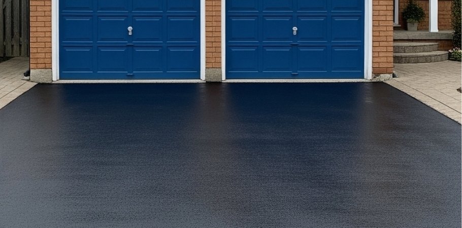 Freshly resurfaced smooth black driveway in front of a two-car garage with blue doors on a red-brick house