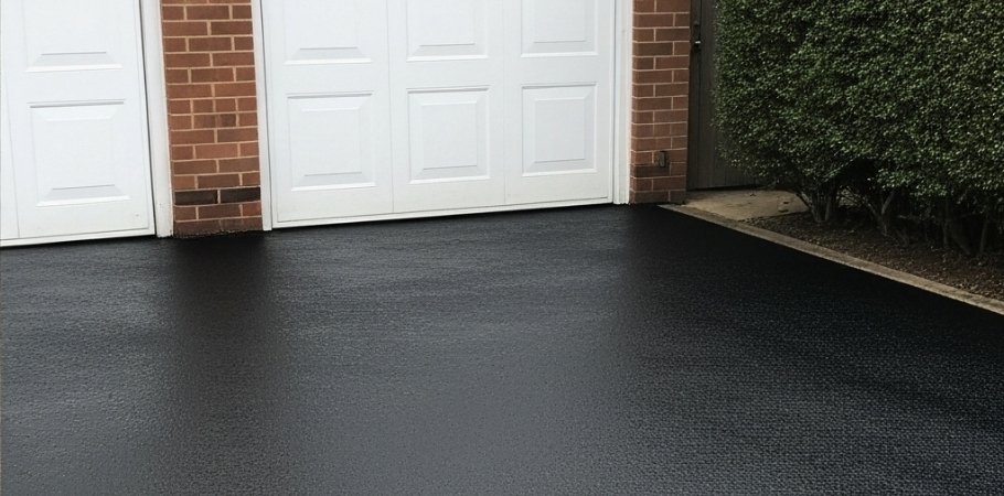 Smooth newly resurfaced black driveway with drainage cover in front of white garage doors on a red-brick house