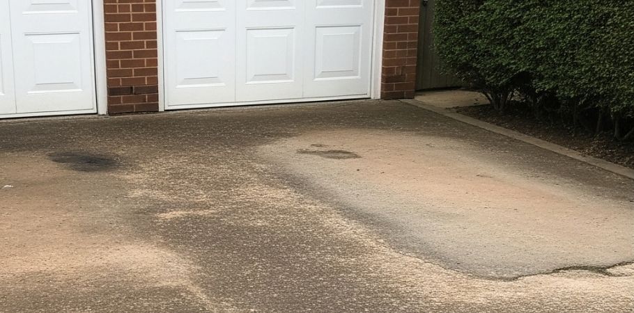 Old and stained concrete driveway with visible wear and drainage cover in front of white garage doors