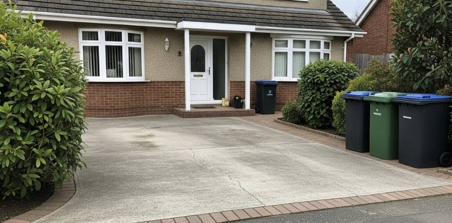 Concrete driveway in front of a residential home before resurfacing, showing faded and stained surface.